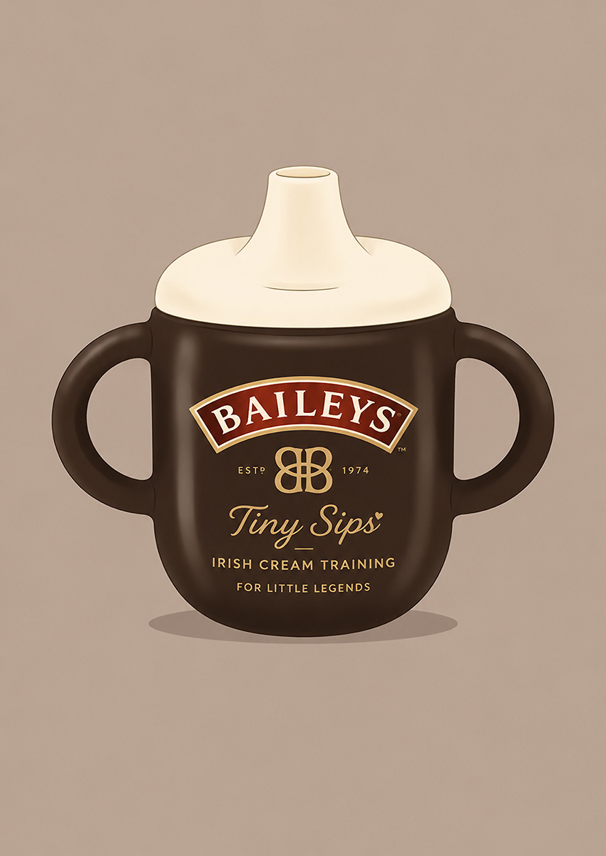 Minimalist digital illustration of a baby bottle branded with the Baileys Irish Cream logo